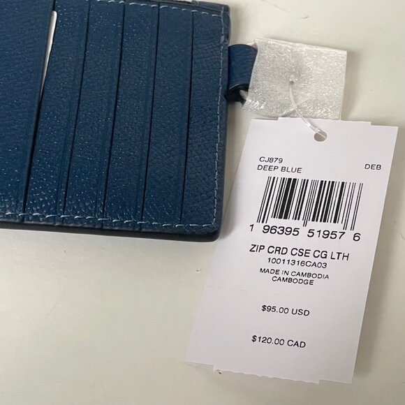 Coach CJ879 Zip Card Case Deep Blue Leather Wallet D-Ring Clip Keyring Unisex - Picture 7 of 7